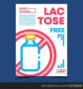 Lactose Free Creative Advertising Banner Vector. Milk With Lactose Bottle Crossed Out Mark. Natural Drink, Pure Product Nutrition Concept Template Color Illustration. Lactose Free Creative Advertising Banner Vector