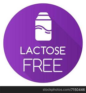 Lactose free purple flat design long shadow glyph icon. Hypoallergenic milk. Organic alternative drink. Product free ingredient. Nutritious dietary, healthy eating. Vector silhouette illustration