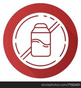Lactose free red flat design long shadow glyph icon. Hypoallergenic milk. Organic alternative drink. Product free ingredient. Nutritious dietary, healthy eating. Vector silhouette illustration