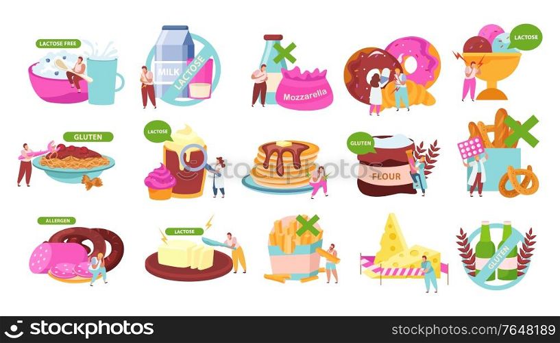 Lactose gluten intolerance diet flat recolor set with allowed forbidden food spaghetti sausage cheese pancakes vector illustration
