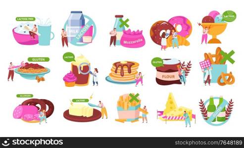 Lactose gluten intolerance diet flat recolor set with allowed forbidden food spaghetti sausage cheese pancakes vector illustration
