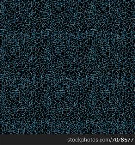 Lacy geometric seamless vector pattern with blue broken lines forming the polygons on the black background