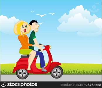 Lad girl go on motorcycle on road in field. Man with woman on motorcycle