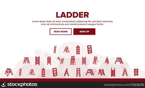 Ladder And Staircase Landing Web Page Header Banner Template Vector. Tall And Low, Wooden And Metallic Ladder, Human Falling Down From Equipment Illustrations. Ladder And Staircase Landing Header Vector