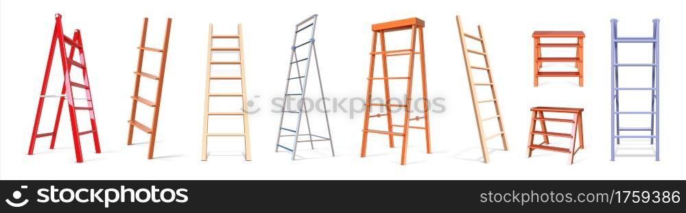 Ladder construction. Realistic wooden and glossy metal staircase equipment, 3D stepladder collection. Isolated row of vertical tools for climbing. Repairs instruments with steps. Vector stairways set. Ladder construction. Realistic wooden and metal staircase equipment, 3D stepladder collection. Isolated vertical tools for climbing. Repairs instruments with steps. Vector stairways set