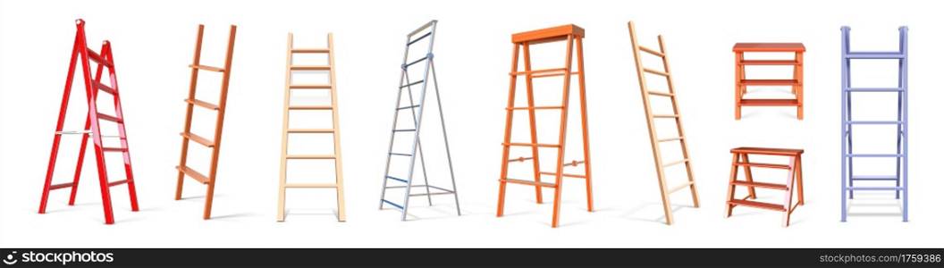 Ladder construction. Realistic wooden and glossy metal staircase equipment, 3D stepladder collection. Isolated row of vertical tools for climbing. Repairs instruments with steps. Vector stairways set. Ladder construction. Realistic wooden and metal staircase equipment, 3D stepladder collection. Isolated vertical tools for climbing. Repairs instruments with steps. Vector stairways set