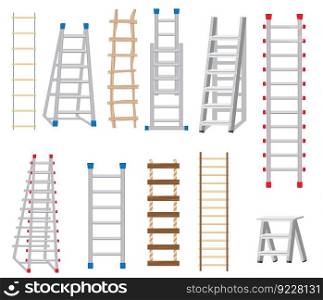 Ladders Set Made from Different Materials: Wood and Metal. Rope Ladder. Vector Illustration.