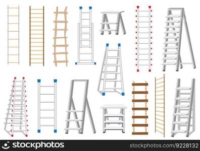 Ladders Set Made from Different Materials: Wood and Metal. Rope Ladder. Vector Illustration. 