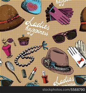 Ladies happiness background. Women pattern with gloves glasses hat perfume and other accessory vector illustration