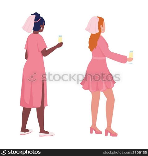 Ladies in pink semi flat color vector characters set. Standing figures. Full body people on white. Festive celebration simple cartoon style illustration for web graphic design and animation pack. Ladies in pink semi flat color vector characters set