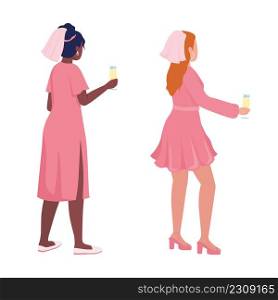 Ladies in pink semi flat color vector characters set. Standing figures. Full body people on white. Festive celebration simple cartoon style illustration for web graphic design and animation pack. Ladies in pink semi flat color vector characters set