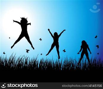 Ladies on meadow. All objects are separated. Vector illustration.