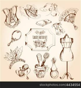 Ladies sketch set with retro woman fashion clothes and decorative elements isolated vector illustration. Ladies Sketch Set