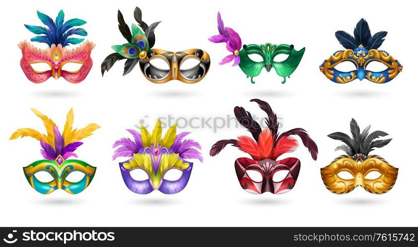Ladies venetian carnaval masquerade colorful eye masks with feathers realistic set white background shadow isolated vector illustration