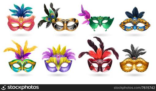 Ladies venetian carnaval masquerade colorful eye masks with feathers realistic set white background shadow isolated vector illustration
