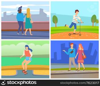 Ladies walking in city, girl balancing on skateboard, child riding scooter, couple walking in evening. People leisure outdoor, urban activity set vector. People Leisure in City, People Meeting Vector