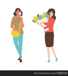 Ladies with flowers celebrating womens day isolated people in flat style. Vector girls with luxury bouquet of daisies and tulip, International 8 March holiday. Ladies with Flowers Celebrating Women Day Isolated