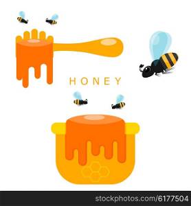 Ladle for honey, pot and bees on a white background. Vector illustration
