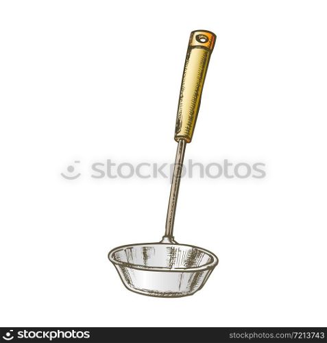 Ladle Metal Soup Tool Kitchenware Vintage Vector. Metallic Kitchen Accessory Ladle. Aluminium Spoon Culinary Equipment Engraving Template Designed In Retro Style Color Illustration. Ladle Metal Soup Tool Kitchenware Color Vector