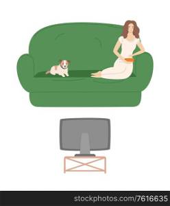 Lady at home vector, woman laying on sofa with domestic animal pet, person watching tv programs and shows, weekend relaxation and rest flat style. Woman Relaxing on Sofa by Watching TV Programs