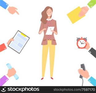 Lady at work vector, woman with working task writing down info from partners and coworkers, hands with telephone and time clock, notepad isolated. Woman with Planning Tasks Hands of Partners Vector