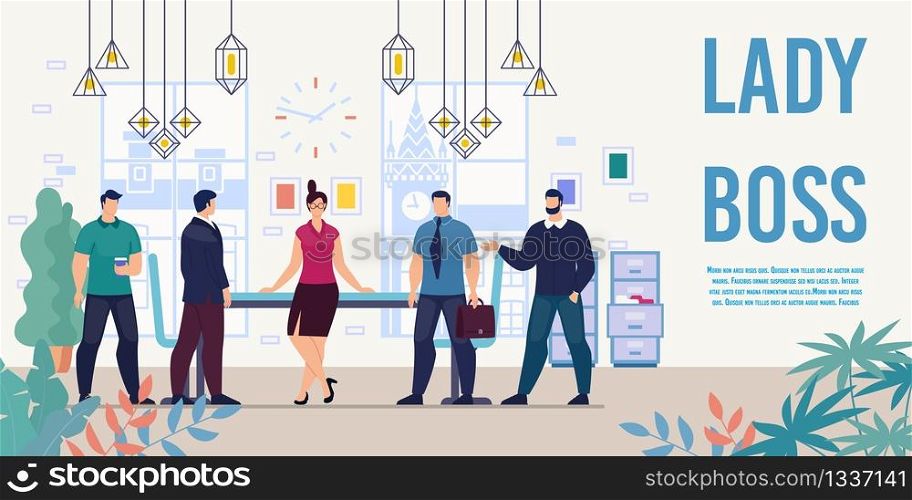 Lady Boss, Female Executive Manager Flat Vector Banner, Poster Template with Successful Businesswoman Meeting with Business Partners, Working with Male Colleagues, Businessman in Office Illustration