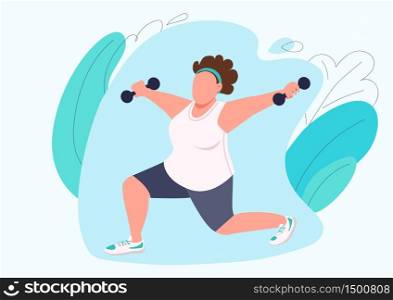Lady doing pilates flat color vector faceless character. Woman sportswear working out with dumbbells isolated cartoon illustration for web graphic design and animation. Weight loss, slimming exercise. Lady doing pilates flat color vector faceless character