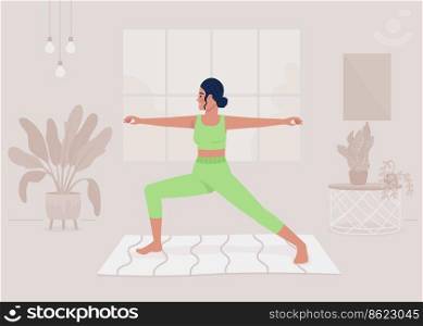 Lady doing yoga asana at home flat color vector illustration. Routine physical activity. Sportive hobby. Fully editable 2D simple cartoon character with domestic interior on background. Lady doing yoga asana at home flat color vector illustration