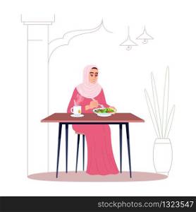 Lady eating salad with herbal tea semi flat RGB color vector illustration. Healthy nutrition, vegan diet. Muslim woman in hijab enjoying lunch isolated cartoon character on white background