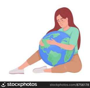 Lady embracing Earth planet semi flat color vector character. Editable figure. Full body person on white. Nature protection simple cartoon style illustration for web graphic design and animation. Lady embracing Earth planet semi flat color vector character