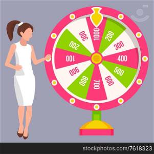 Lady gambler twisting fortune wheel with numbers, business success. Female winning money, gambling machine and jackpot, casino equipment, prize vector. Win Jackpot, Lady Spinning Roulette, Casino Vector