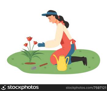 Lady gardening vector, farming lady with tools and instruments, watering can flat style. Woman growing plants blooming flora flourishing flora isolated. Farming Woman in Garden with Flowers and Tools