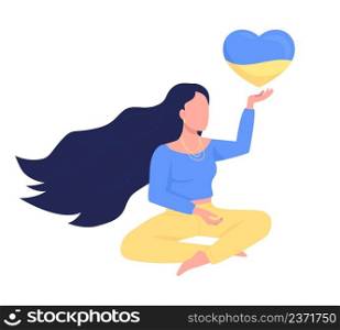 Lady giving hope semi flat color vector character. Sitting figure. Full body person on white. Peace and freedom for Ukraine simple cartoon style illustration for web graphic design and animation. Lady giving hope semi flat color vector character