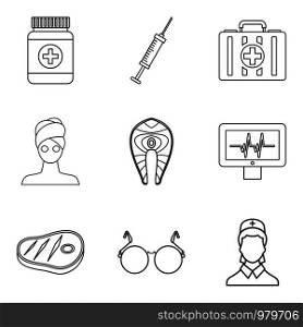 Lady health icons set. Outline set of 9 lady health vector icons for web isolated on white background. Lady health icons set, outline style