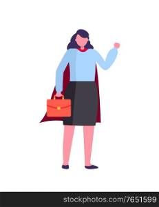 Lady holding briefcase with documents vector, female working for company hero lady in business corporation isolated person in flat style, formalwear. Hero Businesswoman with Briefcase with Documents