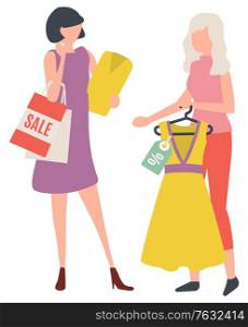Lady holding purchase and clothes, seller promotion, yellow dress on hanger. Shopper female buying, sale old collection, discount promotion, fashion. Vector illustration in flat cartoon style. Woman Buying Dress, Lady Shopping, Clothes Vector