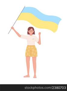 Lady holding Ukrainian flag semi flat color vector character. Standing figure. Full body person on white. Fighting and protesting simple cartoon style illustration for web graphic design and animation. Lady holding Ukrainian flag semi flat color vector character