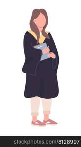 Lady holding worksheets semi flat color vector character. Standing figure. Full body person on white. Student in academic dress simple cartoon style illustration for web graphic design and animation. Lady holding worksheets semi flat color vector character