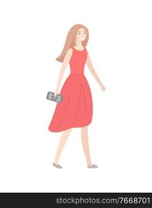 Lady in elegant red dress and sack, with long hair profile view isolated character in flat design cartoon style. Vector woman in evening gown, glamour girl. Lady in Elegant Red Dress and Sack, with Long Hair