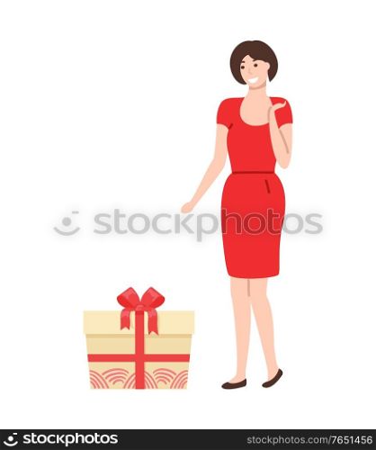 Lady in elegant red dress going to open box with wrapped present. Woman in fashionable cloth and package with surprise isolated on white vector. Lady in Elegant Red Dress Going to Open Box Vector