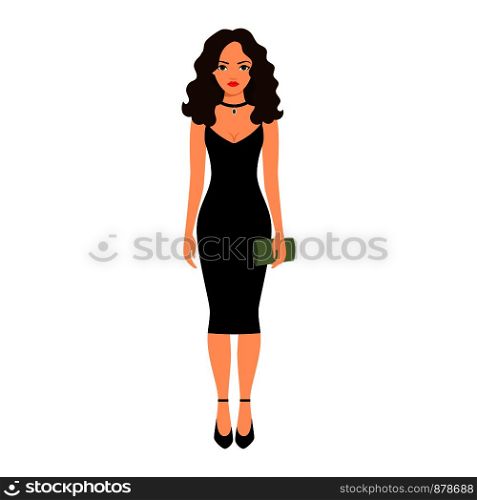 Lady in night black dress isolated vector illustration on white background. Lady in night black dress