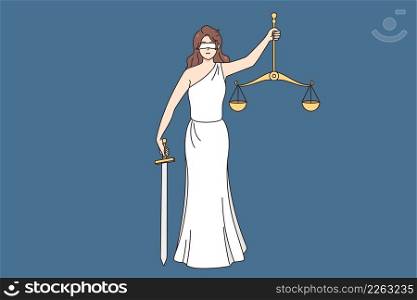 Lady justice holding scales and sword stand for law and order. Goddess Themis or Femida with weighs in hands. Jurisdiction and legal institution concept. Vector illustration.. Lady justice blindfolded hold sword and scales