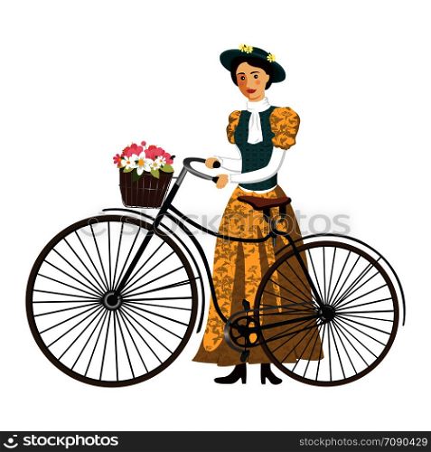 Lady on a retro bicycle with hat and basket vector Illustration isolated on white background. Lady on a retro bicycle with hat and basket vector Illustration isolated