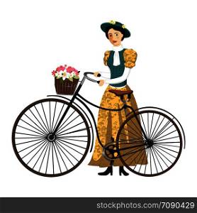 Lady on a retro bicycle with hat and basket vector Illustration isolated on white background. Lady on a retro bicycle with hat and basket vector Illustration isolated
