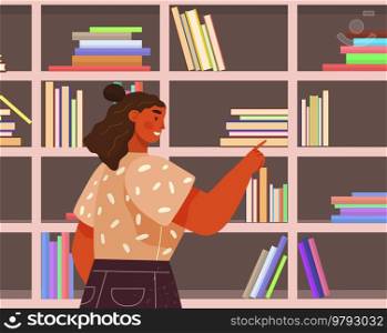 Lady picking book to read in bookstore, buying or borrowing publications from library standing near large book shelves. Student or reader enjoying literature and modern textbooks at book festival. Lady picking book to read in bookstore, student buying or borrowing publications from library