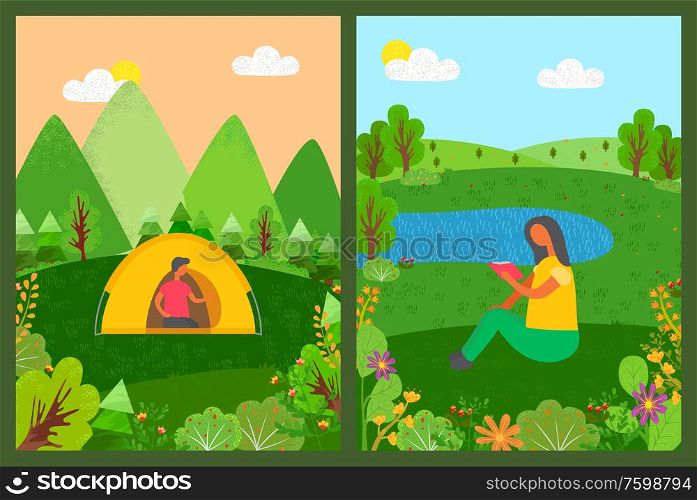 Lady reading book by pond vector, people camping on nature, male sitting in tent, camper in forest with mountains and greenery of trees and bushes. Camping People, Man in Tent and Woman Reading