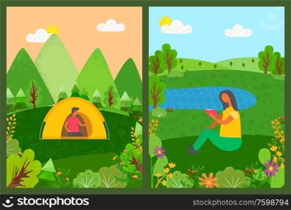 Lady reading book by pond vector, people camping on nature, male sitting in tent, camper in forest with mountains and greenery of trees and bushes. Camping People, Man in Tent and Woman Reading