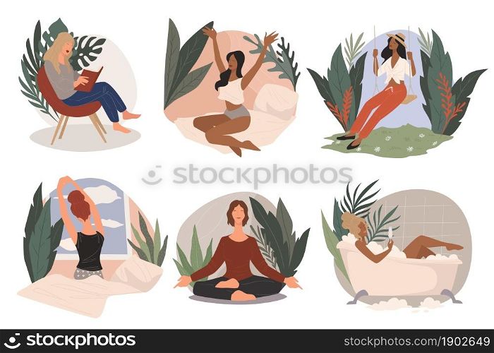 Lady resting in spa or resort. Female character waking up late, swinging surrounded by tropical flowers and leaves. Meditating girl, taking bubble bath and drinking champagne. Vector in flat style. Woman relaxing in spa or home, resting lady vector