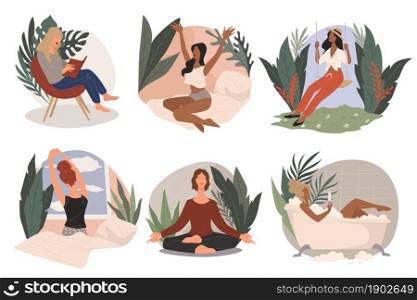 Lady resting in spa or resort. Female character waking up late, swinging surrounded by tropical flowers and leaves. Meditating girl, taking bubble bath and drinking champagne. Vector in flat style. Woman relaxing in spa or home, resting lady vector