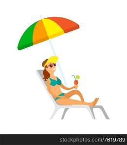 Lady sitting under umbrella making shade vector. Woman on vacation drinking cocktail and enjoying summer, summertime holidays of female in swimsuit. Woman Relaxing Under Umbrella Cocktail Vacation